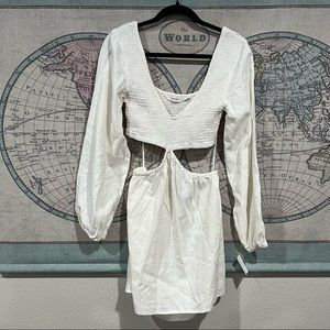 Glassons White Cut Out linen viscose cottage core mini dress with long sleeves